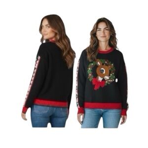 Rudolph The Red Nose Reindeer Charming Black Sweater with Reindeer Motif